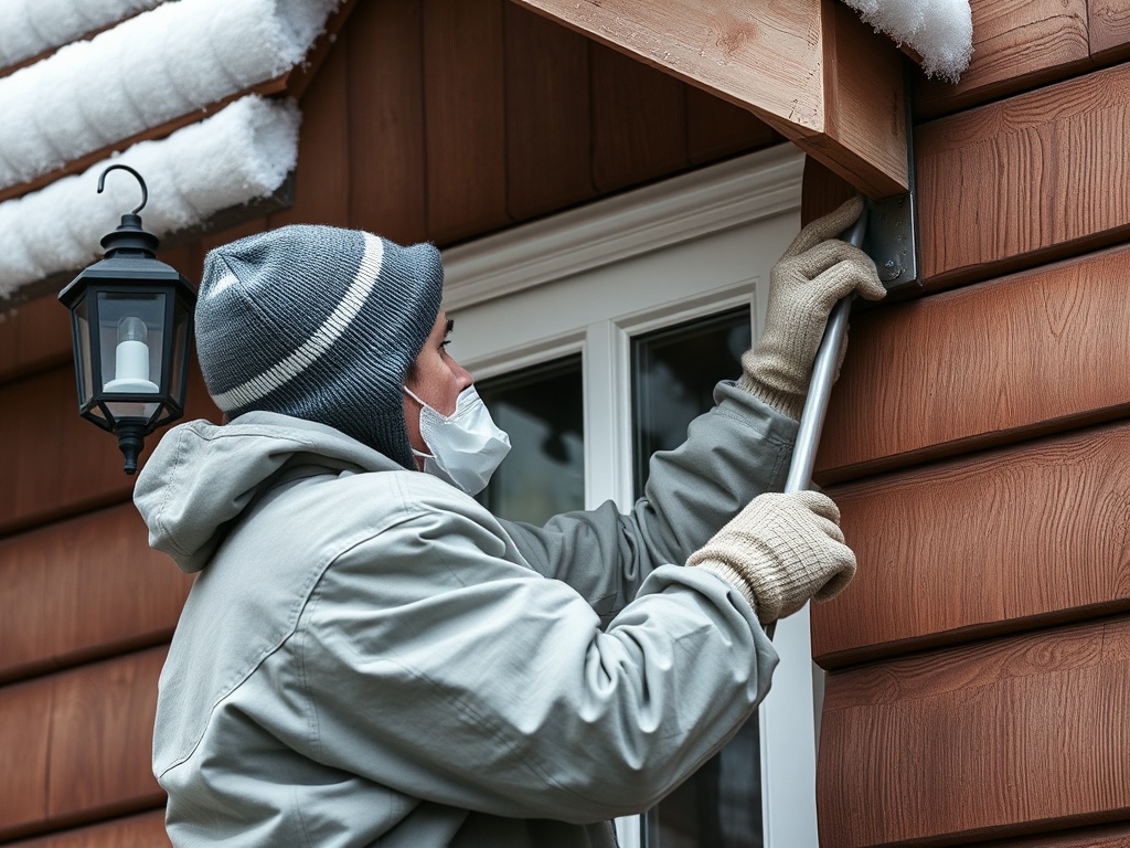 Рабочий в маске устанавливает детали на деревянном доме, рядом светильник и снег на крыше.