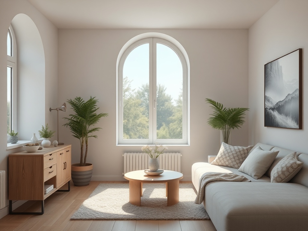 Светлая гостиная с большим окном, уютным диваном и растениями, создающими атмосферу спокойствия.