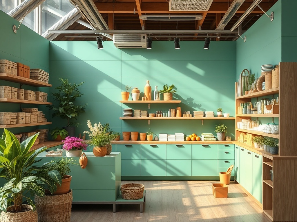 Светлая кухня с зелеными стенами, полками с посудой и растениями. Уютная атмосфера и много света.