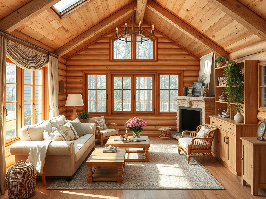 Комфортабельная комната из дерева с большим окном, уютной мебелью и камином, наполненная солнечным светом.