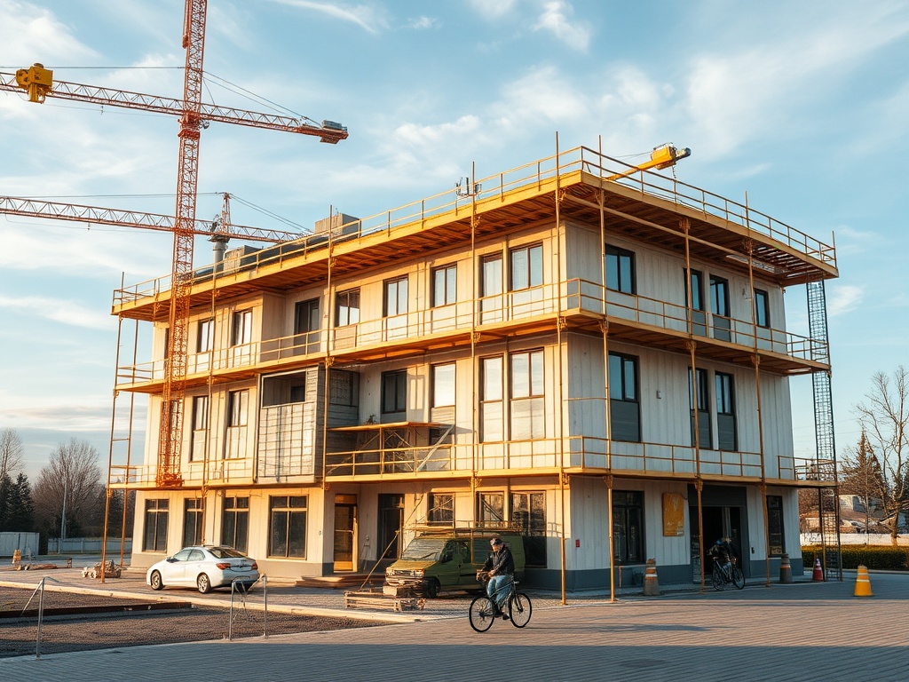 Новое здание в процессе строительства с кранами, парковкой и велосипедистами на фоне голубого неба.