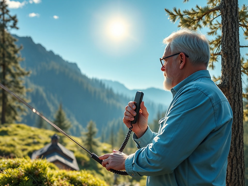 Мужчина со светлыми волосами и бородой использует рацию на фоне гор и леса в солнечный день.