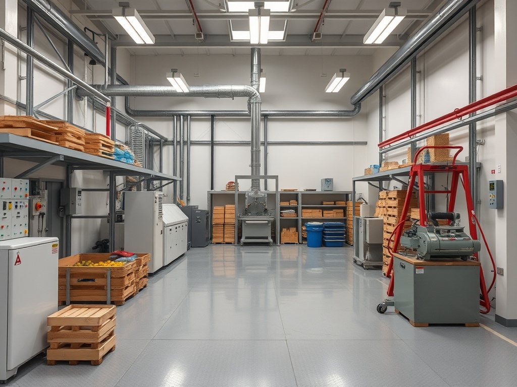 Просторное рабочее помещение с оборудованием, полками и ящиками для хранения. Чистота и порядок.