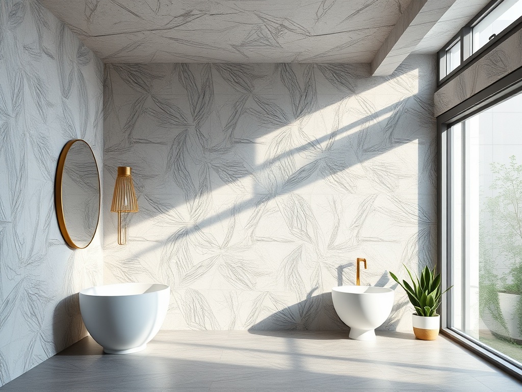 Современная ванная комната с белой сантехникой, зеркалом и растением на фоне светлой стены.