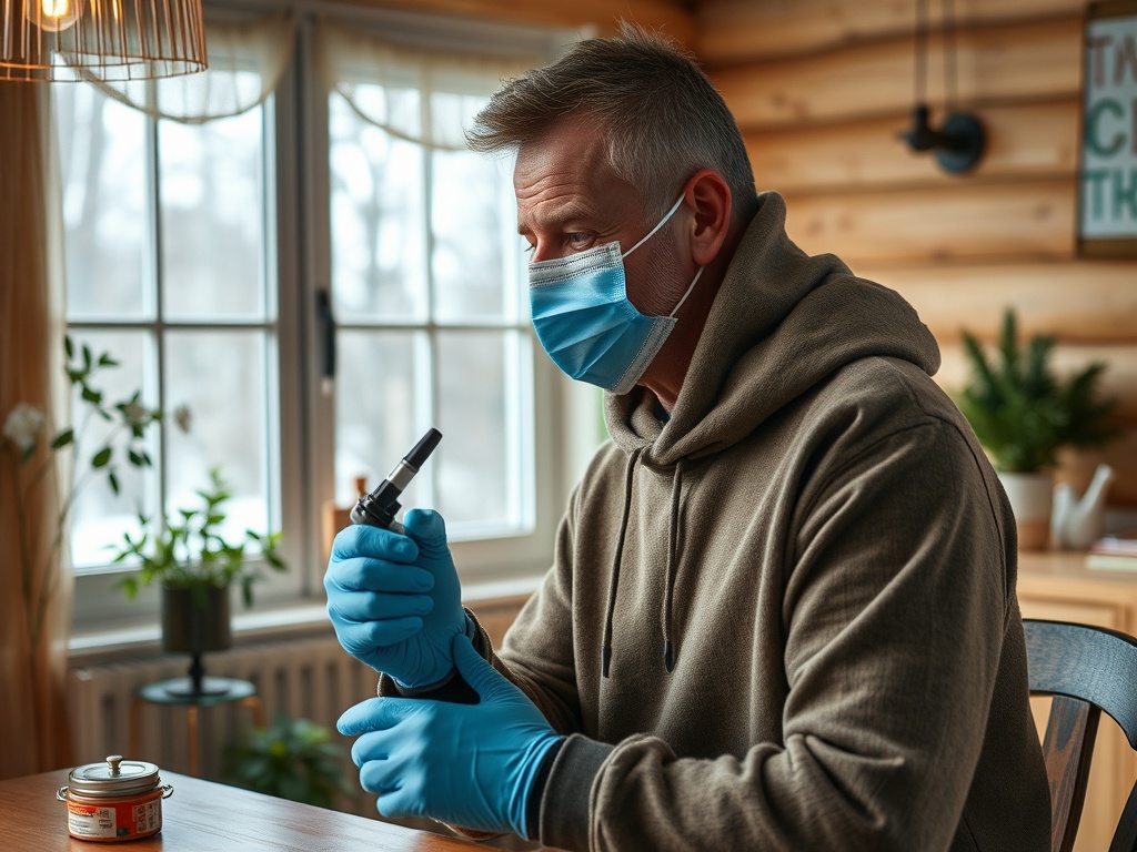 Мужчина в маске и перчатках сидит за столом с электронным устройством в руках. Интерьер уютного дома.