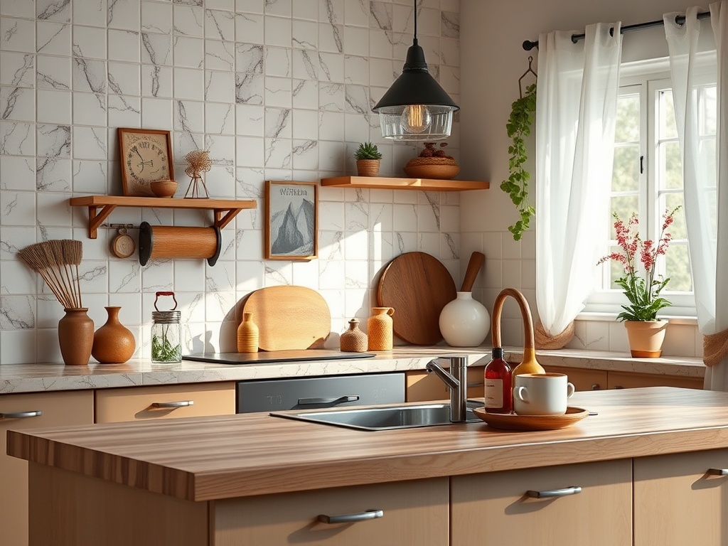 Современная кухня с деревянной поверхностью, декоративными элементами и уютными растениями на подоконнике.