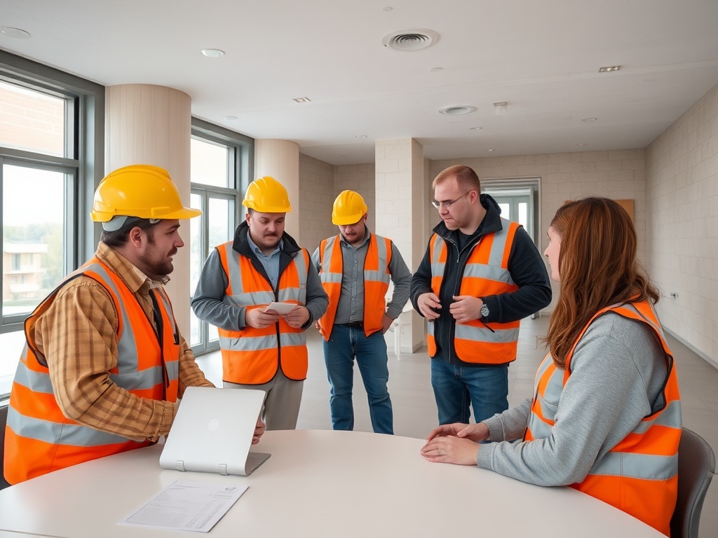 Группа людей в ярко-оранжевых жилетах и касках обсуждает работу в помещении.