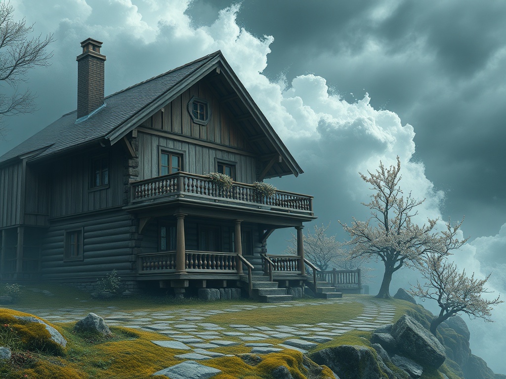 Романтичный деревянный дом с балконами на фоне тёмного неба и облаков, окружающий пейзаж с камнями.
