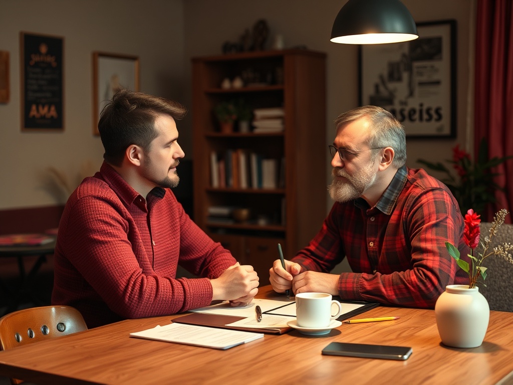 Два человека в разговоре за столом с бумагами, чашкой кофе и растениями в помещении. Тёплая атмосфера.