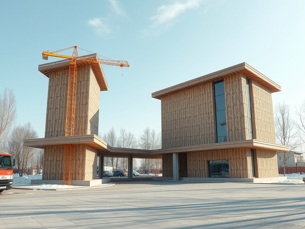 Строящееся здание с краном. На переднем плане неровная площадка и несколько автомобилей на стоянке.