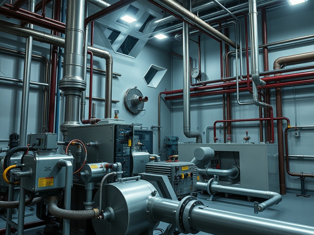 Комната с системой трубопроводов и оборудованием на стенах, с освещением сверху и металлическими деталями.