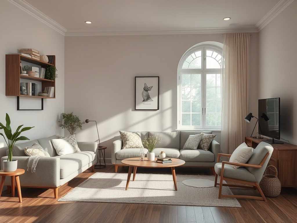 Современная гостиная с уютной мебелью, окном, светлыми шторами и деревянным полом. Теплая атмосфера.