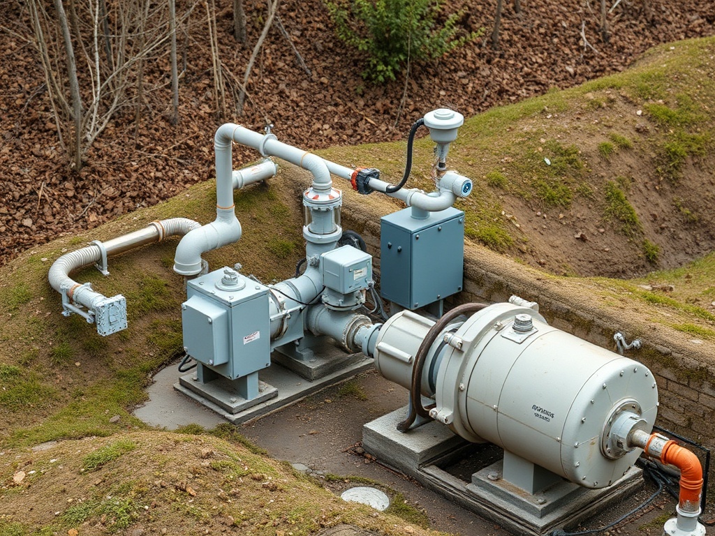 Система водоснабжения с насосом и трубопроводами на фоне природного ландшафта.