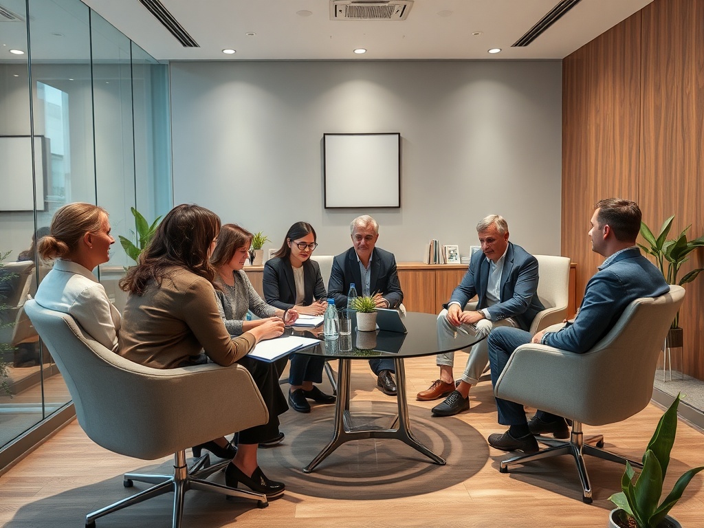 Группа людей на деловой встрече в современном офисе, обсуждающих идеи за круглым столом.