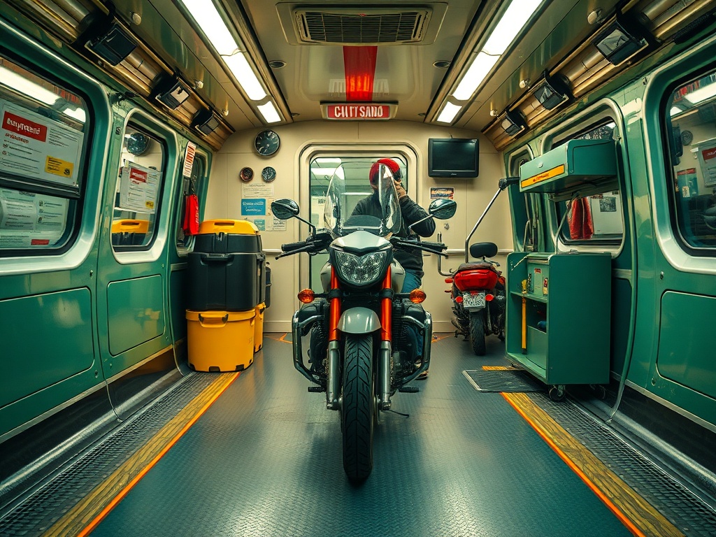 Мотоцикл стоит в вагоне, окружённый мусорными баками и другими предметами. Яркое освещение внутри.