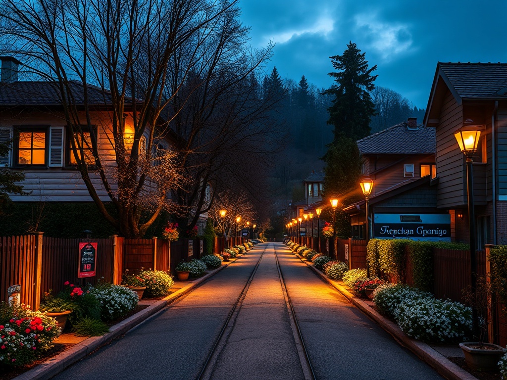 Уютная улица города, освещенная фонарями, с цветами и домами на фоне вечернего неба.