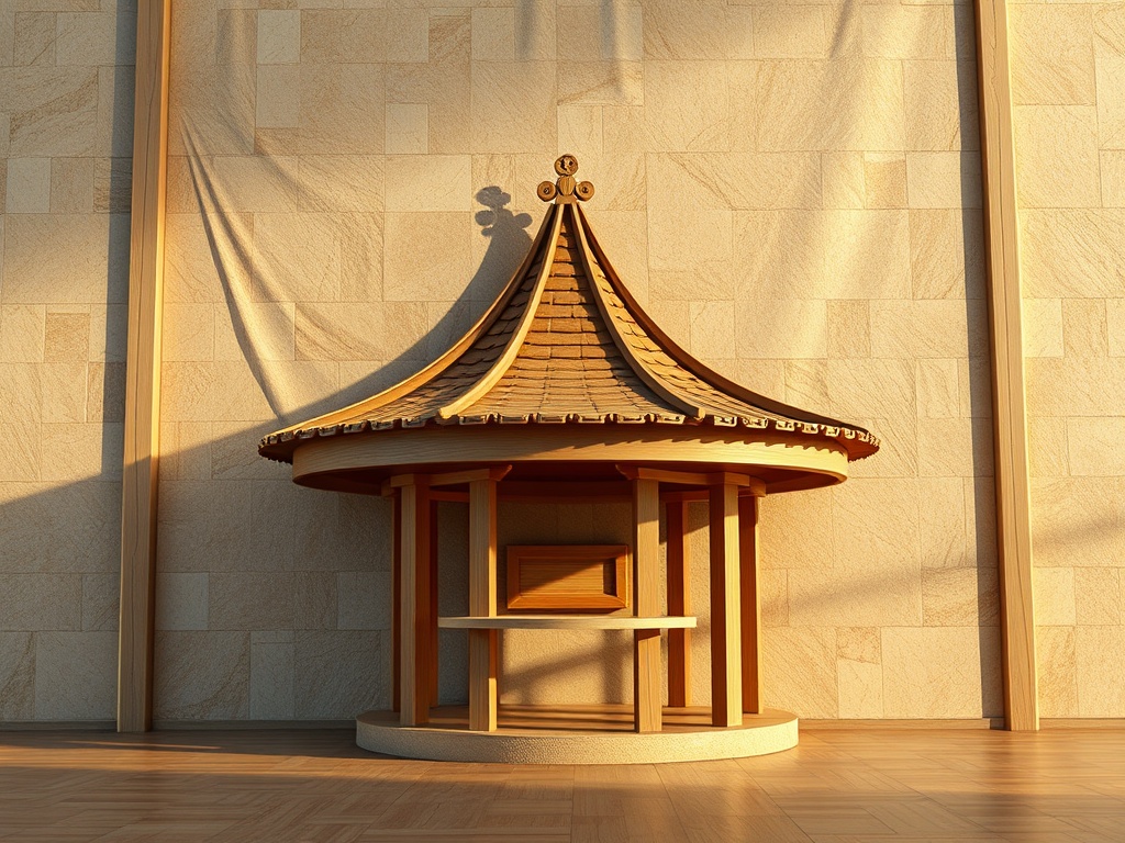 Деревянная беседка с крышей в солнечном помещении, окружённая текстурированной стеной.