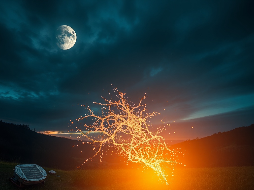 На небе яркая луна, а на переднем плане светящееся дерево на фоне гор и облаков.