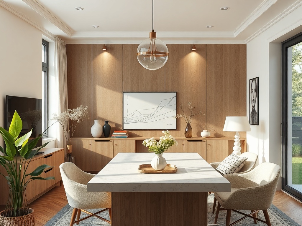 Современный интерьер светлой столовой с деревянными стенами, столом и уютными креслами.