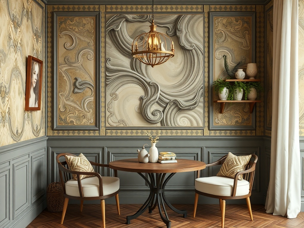 Элегантный интерьер с изысканной отделкой стен, круглым столом и стильными креслами. Часы и растения добавляют уюта.