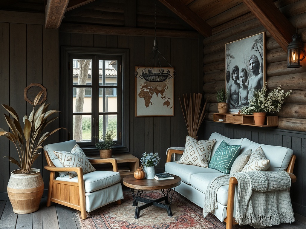 Уютная комната с деревянными стенами, мягкой мебелью и зелеными растениями. роскошная атмосфера уюта.