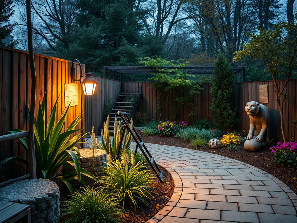 Сад с освещенной дорожкой, рядом с растениями и каменной статуей медведя на фоне темного неба.