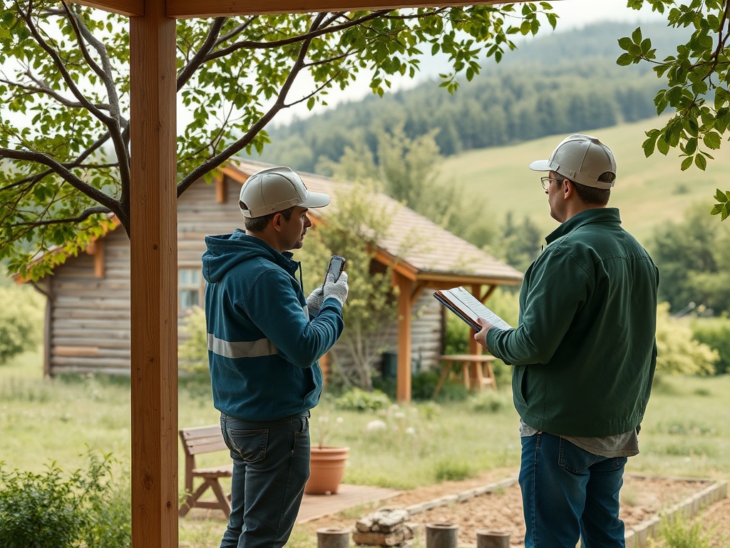 Два человека на фоне природы обсуждают что-то, один с телефоном, другой с блокнотом и ручкой.