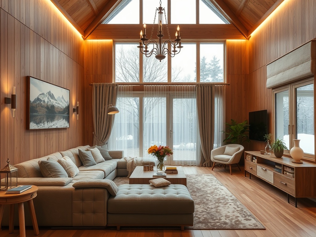 Современная гостиная с деревянными стенами, большими окнами и уютной мебелью. Светлые тона и растения.