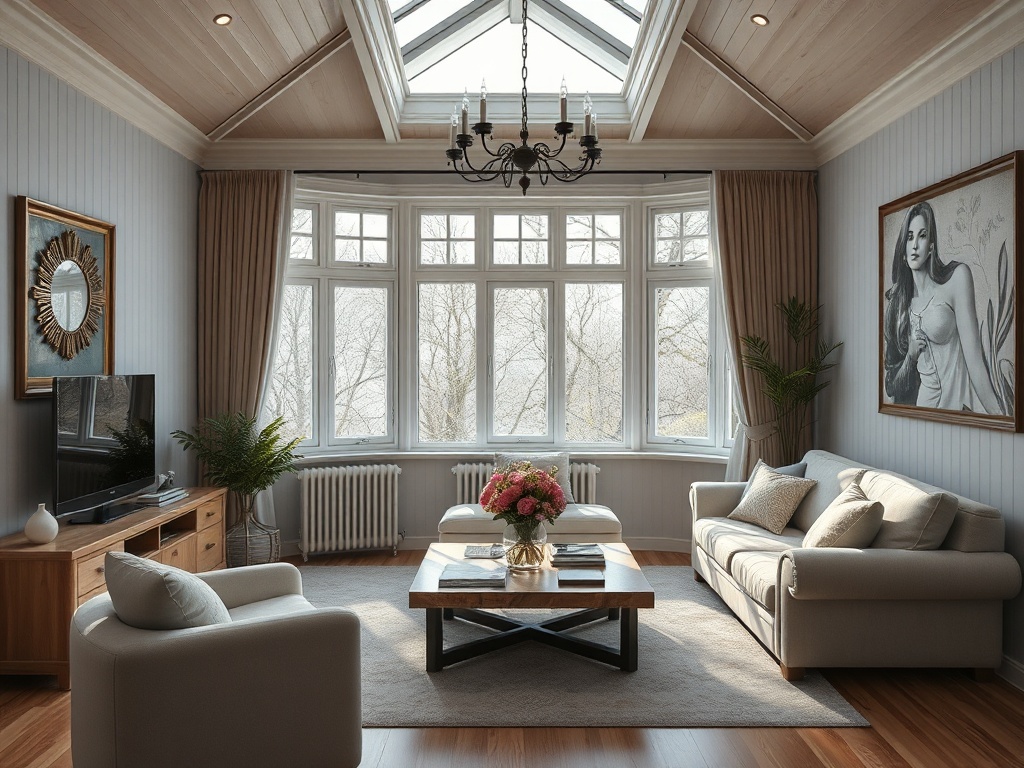 Светлая гостиная с большой круглой панорамой окон, уютной мебелью и цветами на столе.