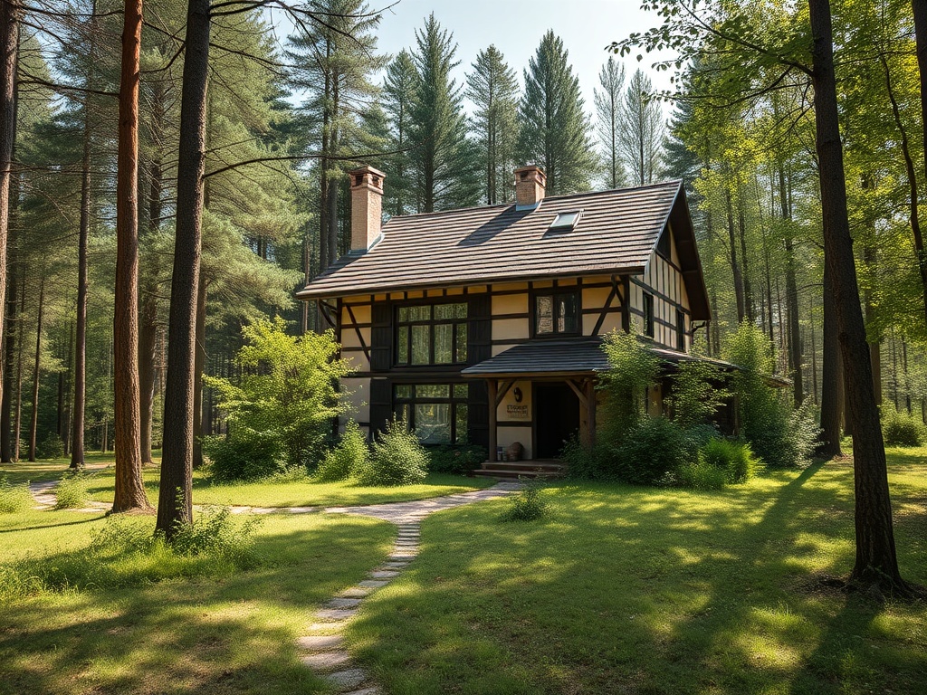 Красивый дом в лесу, окруженный высокими деревьями и зелеными растениями, с тропинкой, ведущей к входу.