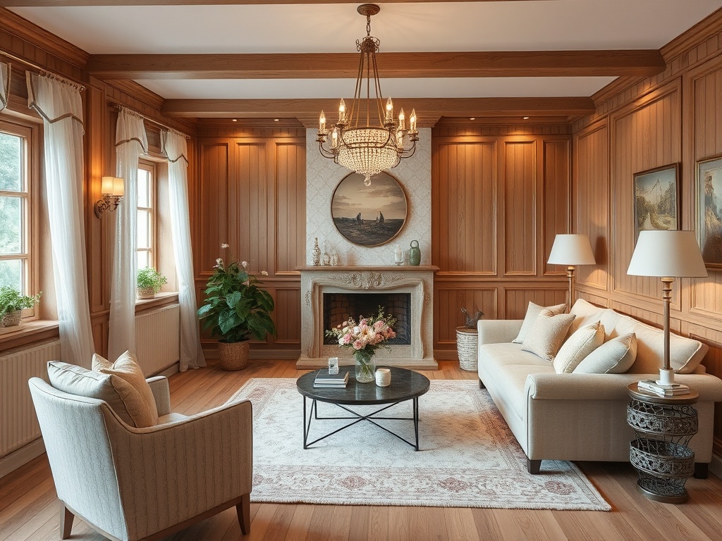 Современный уютный интерьер гостиной с деревянными стенами, мягкой мебелью и уютной атмосферой.