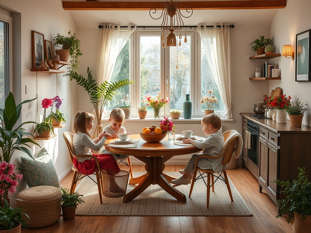 Дети едят и пьют в уютной кухне с цветами и ярким светом, наслаждаясь теплой атмосферой.