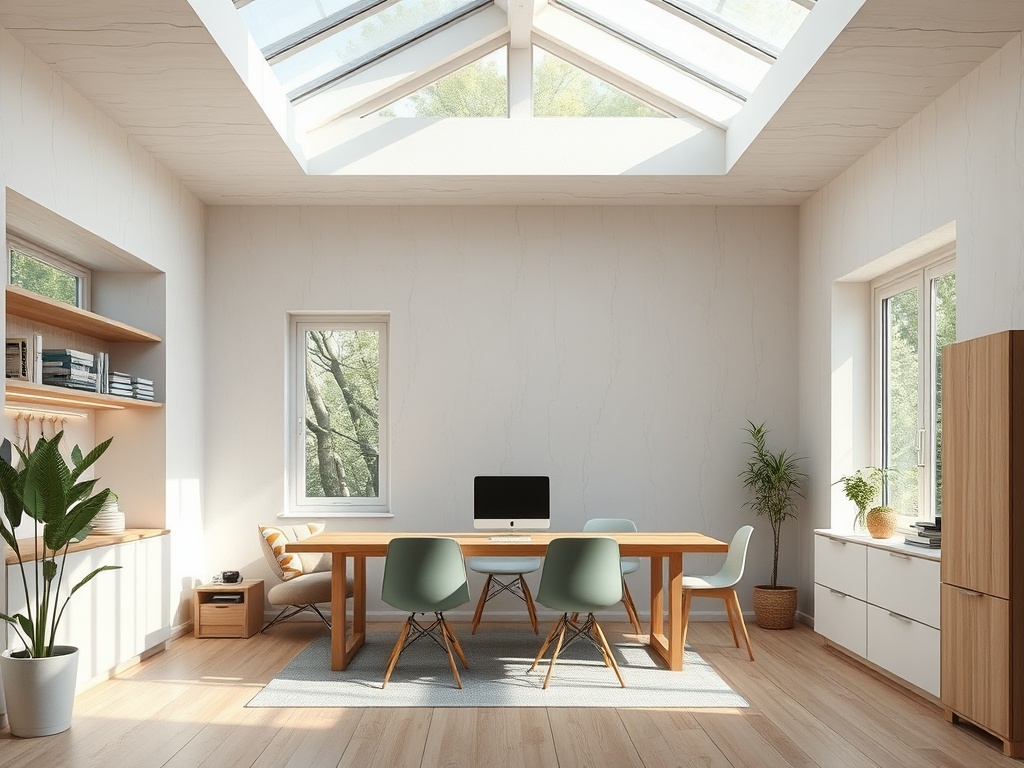 Светлое офисное пространство с деревянным столом, современными стульями и растениями у окон.