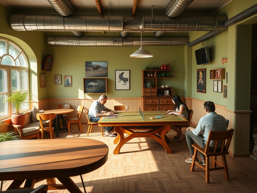 Трое людей играют за столом в светлом помещении с зелеными стенами и множеством картин.