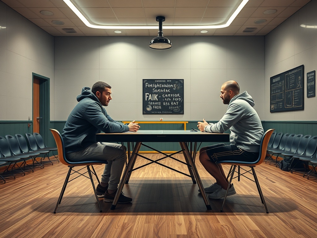 Два человека сидят за столом в комнате, обсуждая что-то важное, атмосфера напряженная и сосредоточенная.