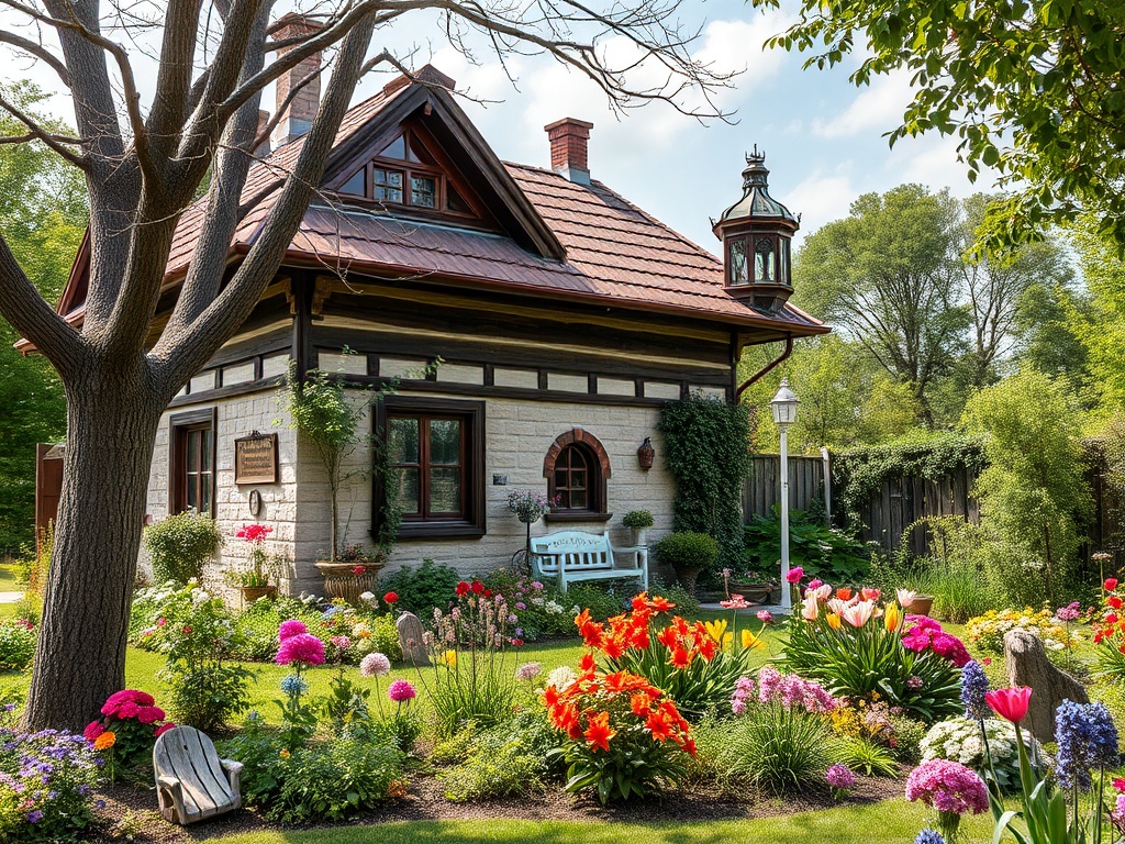 Уютный дом с цветущим садом, окруженный зеленью и яркими цветами, на фоне ясного небосвода.