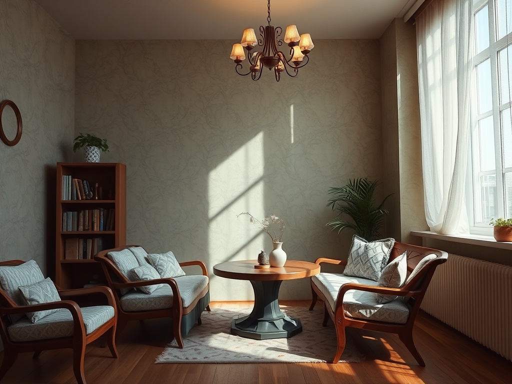 Уютная комната с креслами, столом и библиотекой, освещенная солнечными лучами через окно.