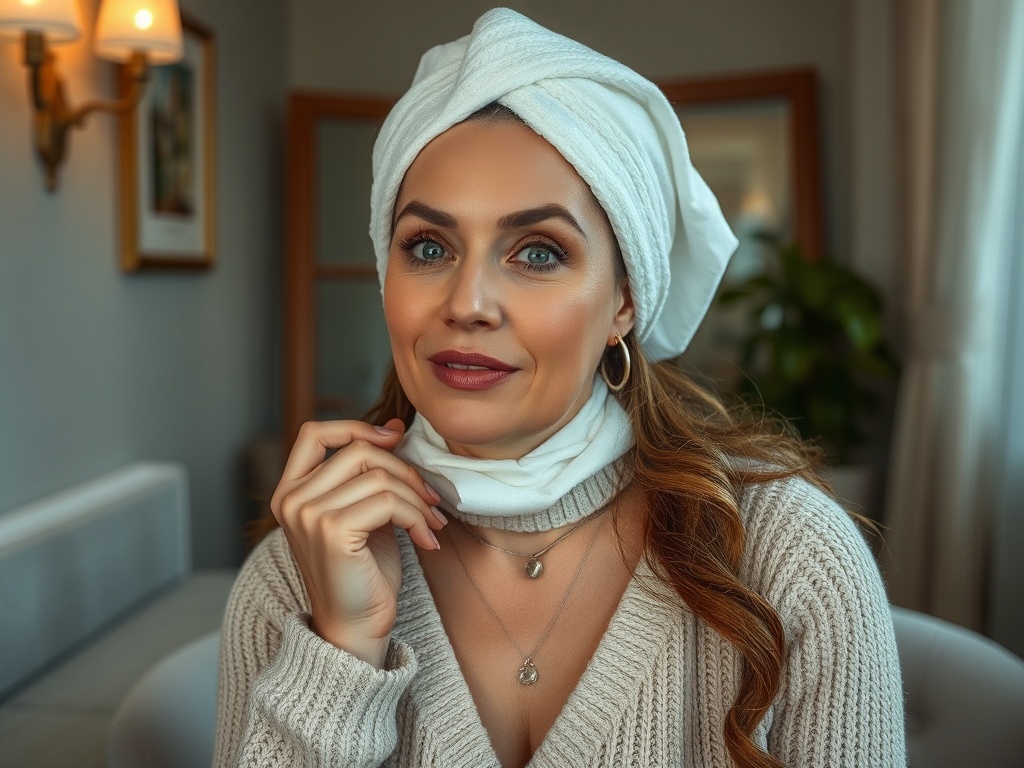 Женщина с длинными каштановыми волосами в уютном интерьере, одета в светлый свитер и украшения.