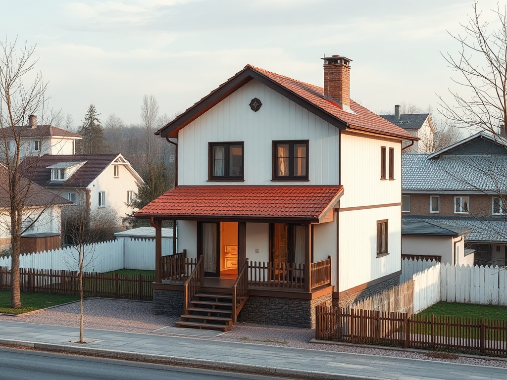 Современный дом с красной крышей, деревянным забором и ухоженным двором в спокойном пригороде.