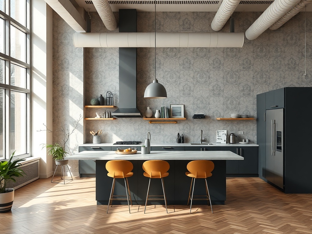 Современная кухня с большими окнами, серыми стенами и островом с барными стульями оранжевого цвета.