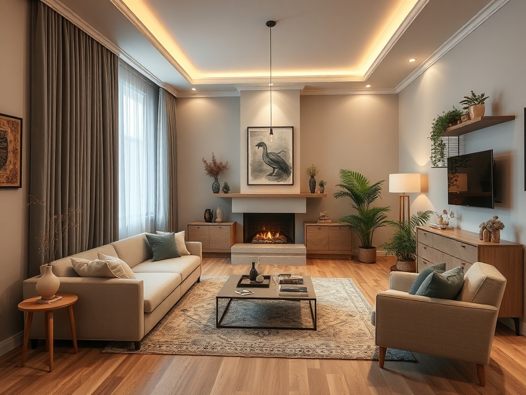 Современный уютный интерьер гостиной с камином, мягкой мебелью и зелеными растениями. Теплое освещение.