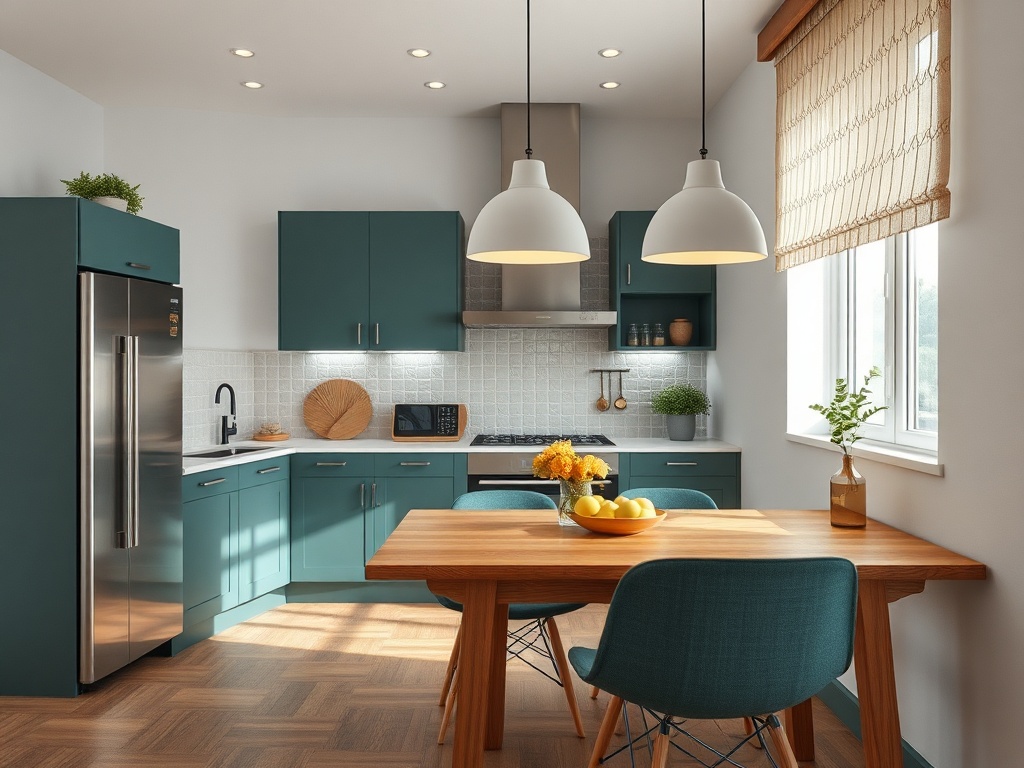 Современная кухня с зелеными шкафами, деревянным столом и яркими светильниками. В вазе цветы и фрукты.