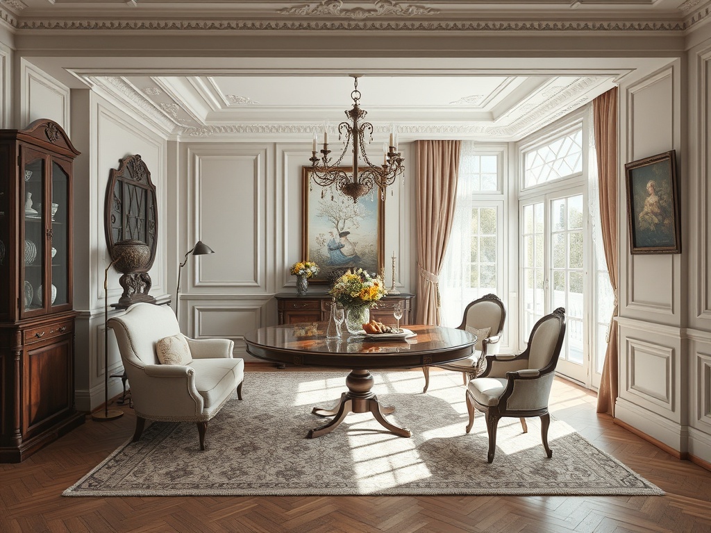 Элегантный интерьер столовой с деревянной мебелью, хрустальной люстрой и картинами на стенах.