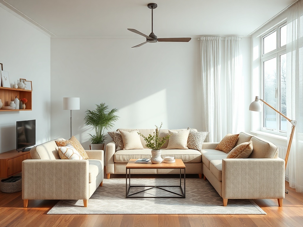 Уютная гостиная с светлыми диванами, кофейным столиком и зелеными растениями под солнечным светом.